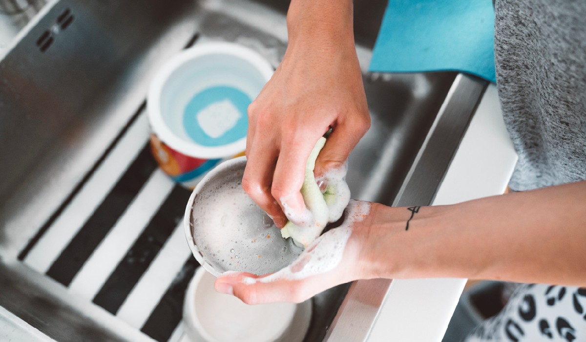 Woman hands washing a dog bowl